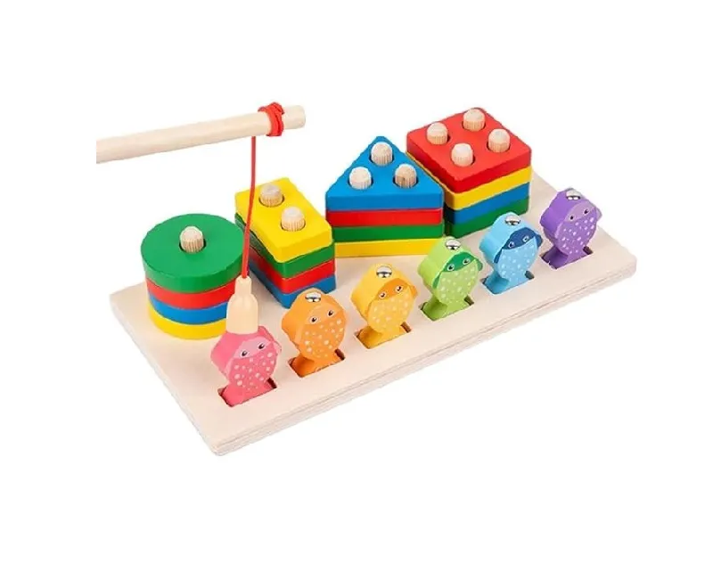 مكعبات خشب اشكال هندسية مع 6 أسماك