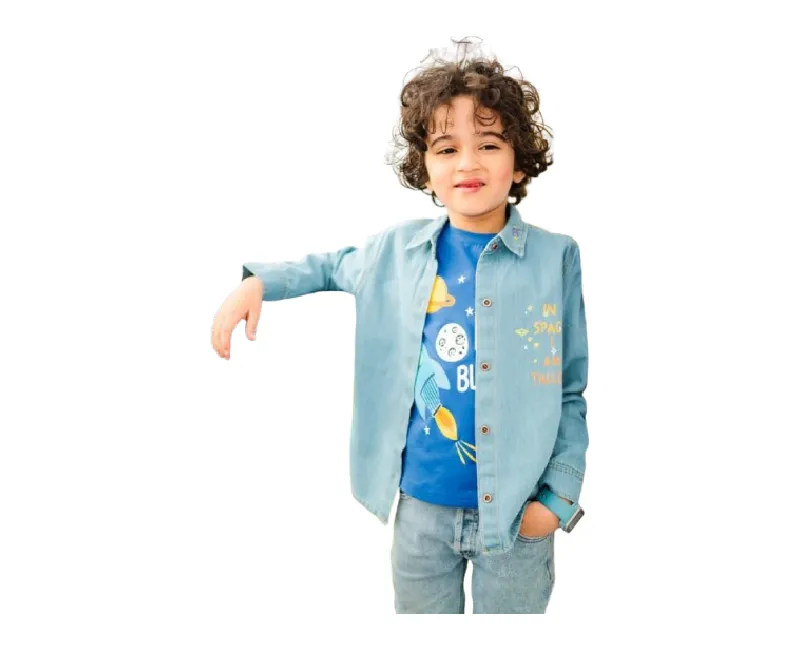 طقم اولادي قطعتين تي شيرت نص كم وجاكت جينز بكم