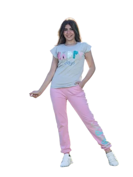 ترنج بناتي قطعتين بنطلون وتي شيرت بنص كم *46