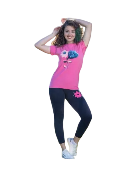 ترنج بناتي قطعتين بنطلون وتي شيرت بنص كم *32