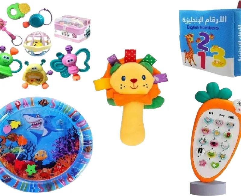 عرض العاب ( بوكس 7 قطع وشخليلة سوفت شكل الاسد وموبايل جزرة وسجادة مائية كبيرة وكتاب سوفت تعليمي )