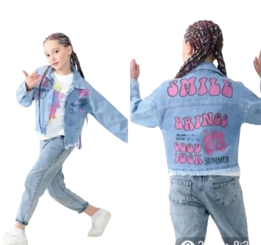 طقم توينز جينز تي شيرت ابيض نص كم وجاكت جينز *91